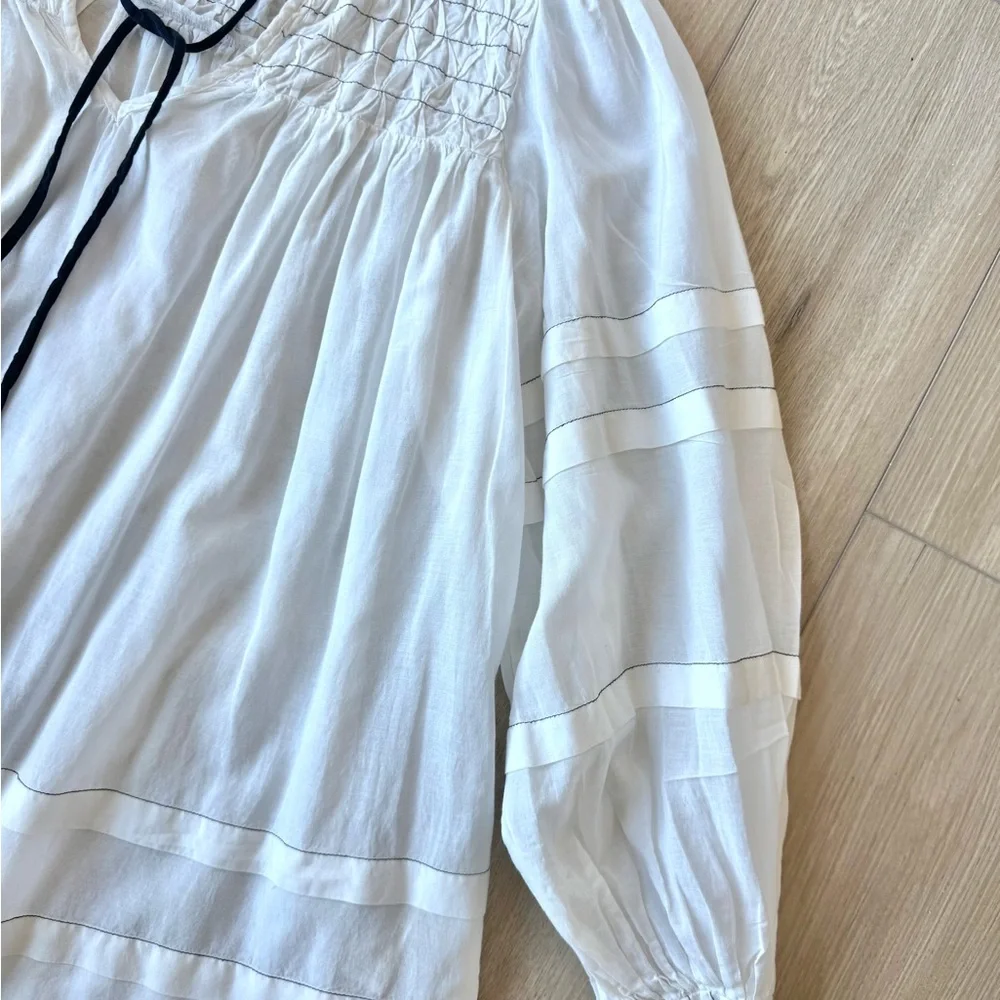 Anthropologie Long-Sleeve White Airy Babydoll smocked Blouse Sz M Boho Peasant - Picture 8 of 13